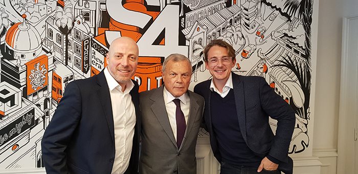 Podcast host, Russell Goldsmith (left) and Tyto's Brendon Craigie (left), with Sir Martin Sorrell (middle) in his London Office